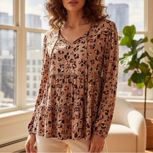 BeachLunchLounge Tiered Ruffle Babydoll Animal Print Blouse Top Large